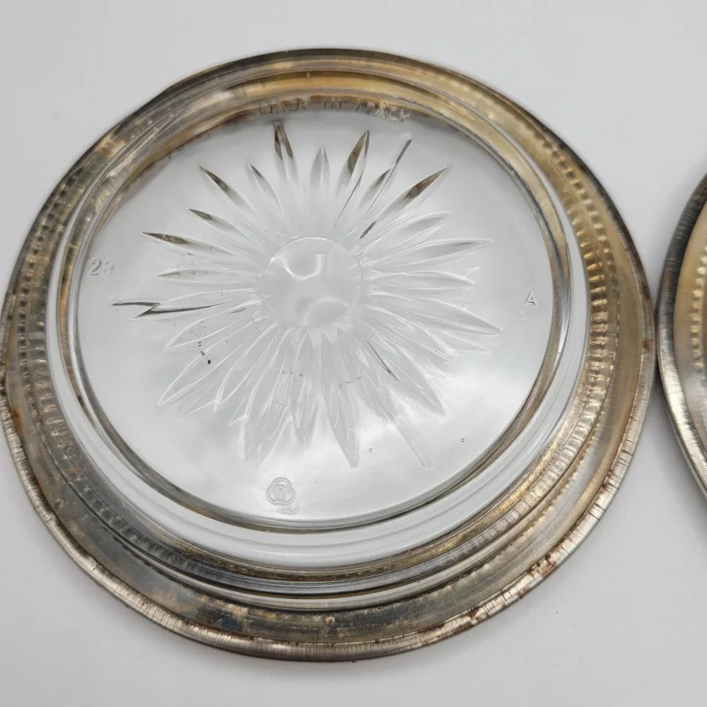 Leonard Silverplate Glass Coasters Set of 3 Made in Italy Sunburst Beaded Rim